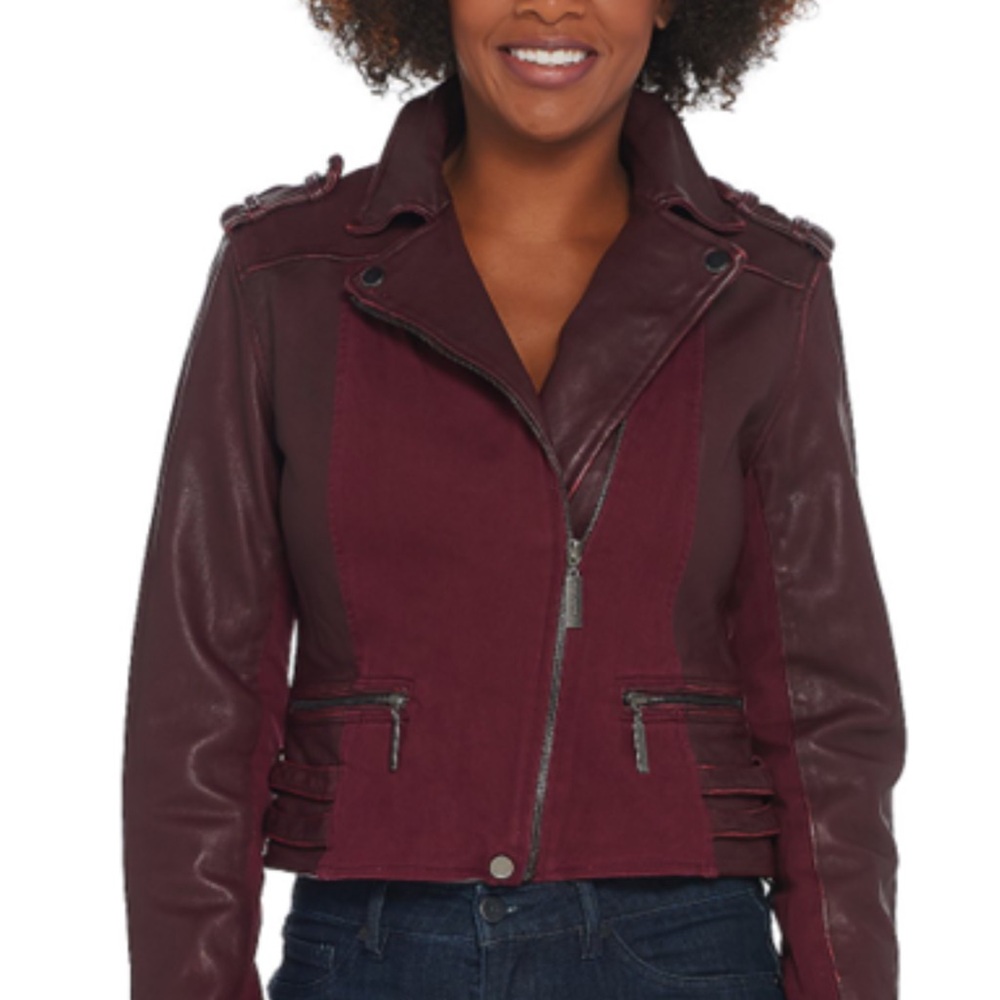 Peace Love World lamb Leather Zip-Front Moto Jacket size 2 Merlot NWOT